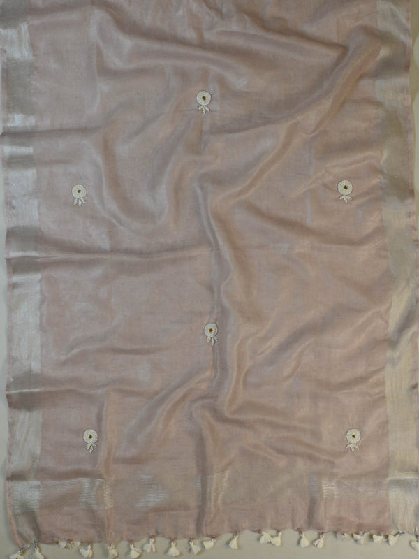 Handwoven Linen Salwar Kameez & Dupatta With Hand-Embroidered Pearl Work-Blush Pink