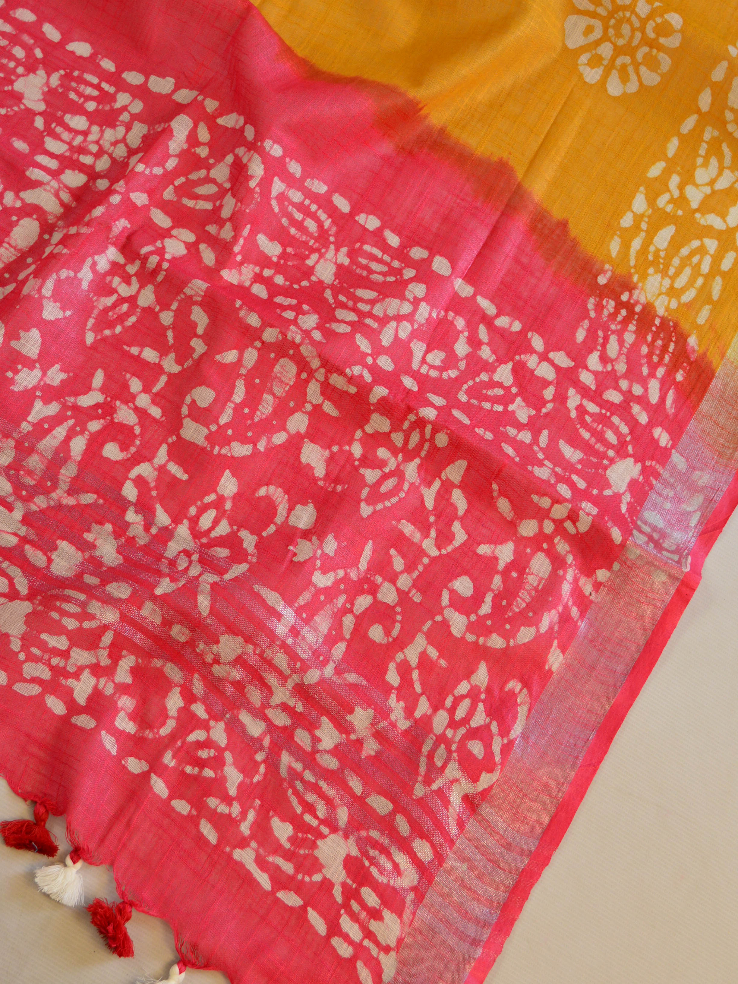 Bhagalpuri Pure Ikkat Kameez With Linen Cotton Batik Dupatta-yellow & Red