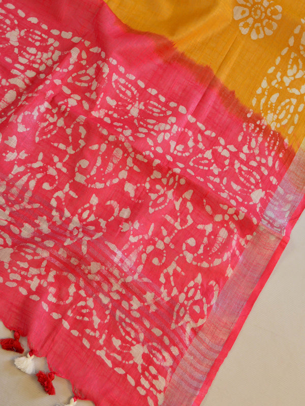 Bhagalpuri Pure Ikkat Kameez With Linen Cotton Batik Dupatta-yellow & Red