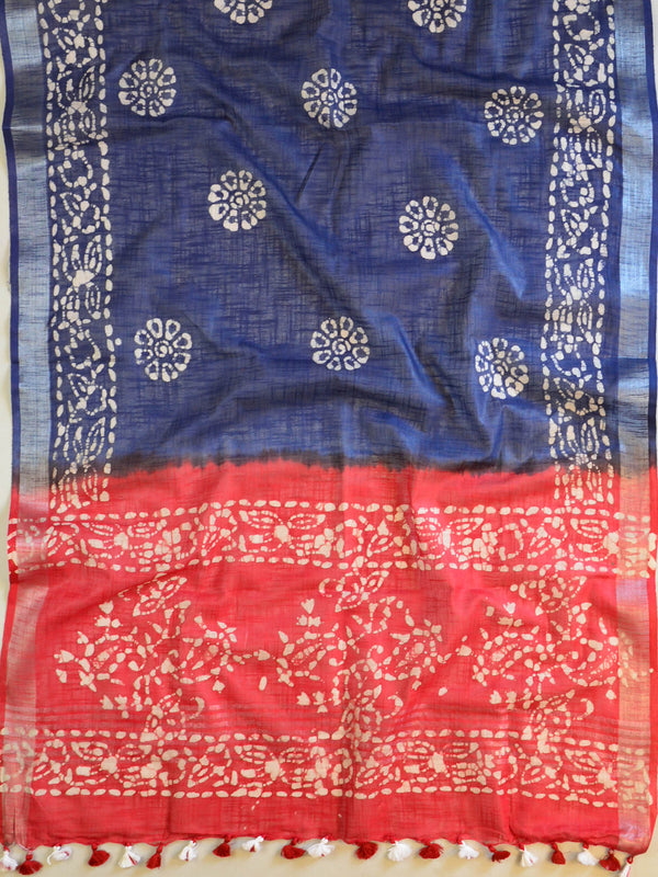 Bhagalpuri Pure Ikkat Kameez With Linen Cotton Batik Dupatta-Blue & Red