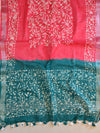 Bhagalpuri Pure Ikkat Kameez With Linen Cotton Batik Dupatta-Green & Red