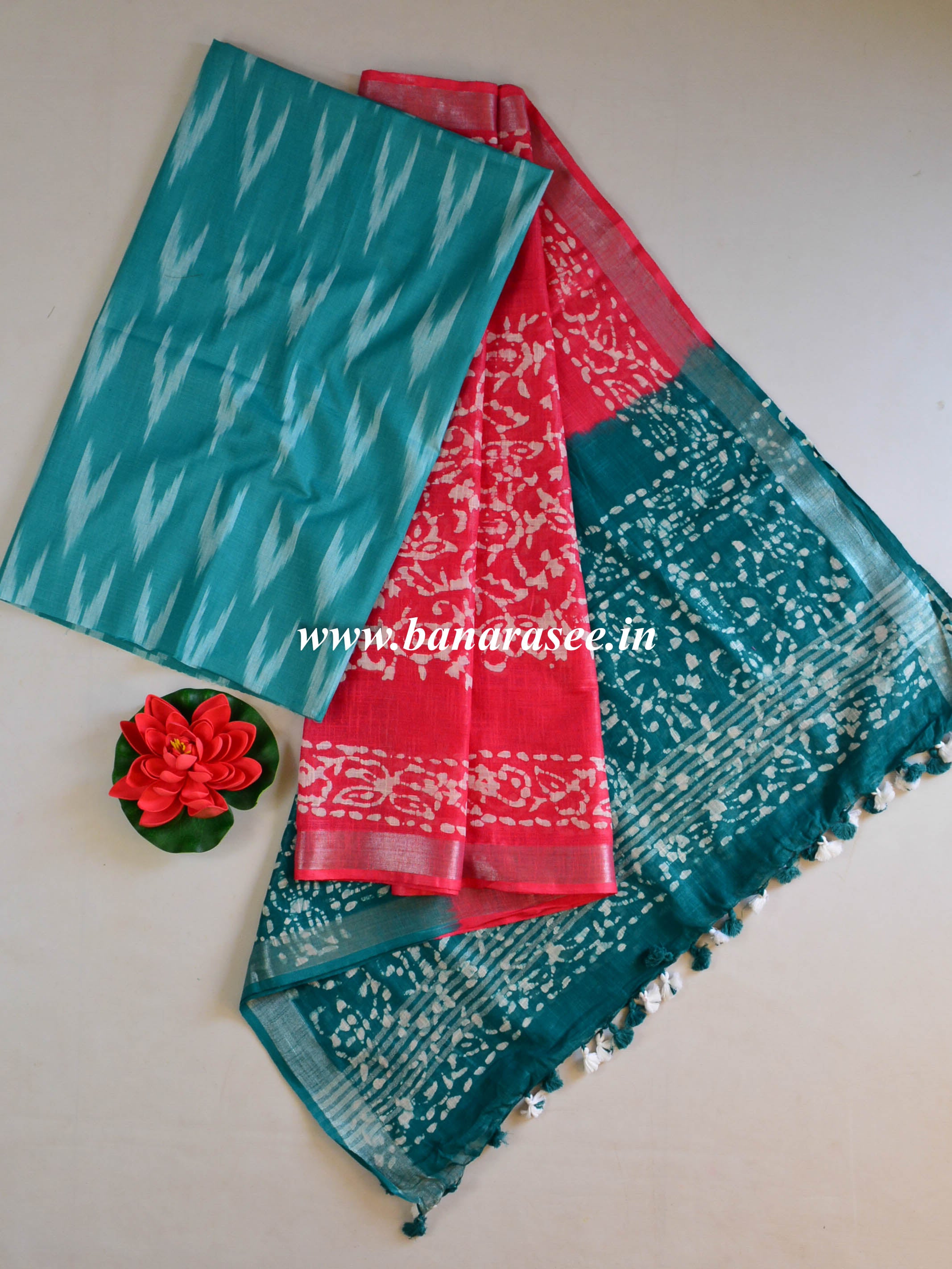 Bhagalpuri Pure Ikkat Kameez With Linen Cotton Batik Dupatta-Green & Red