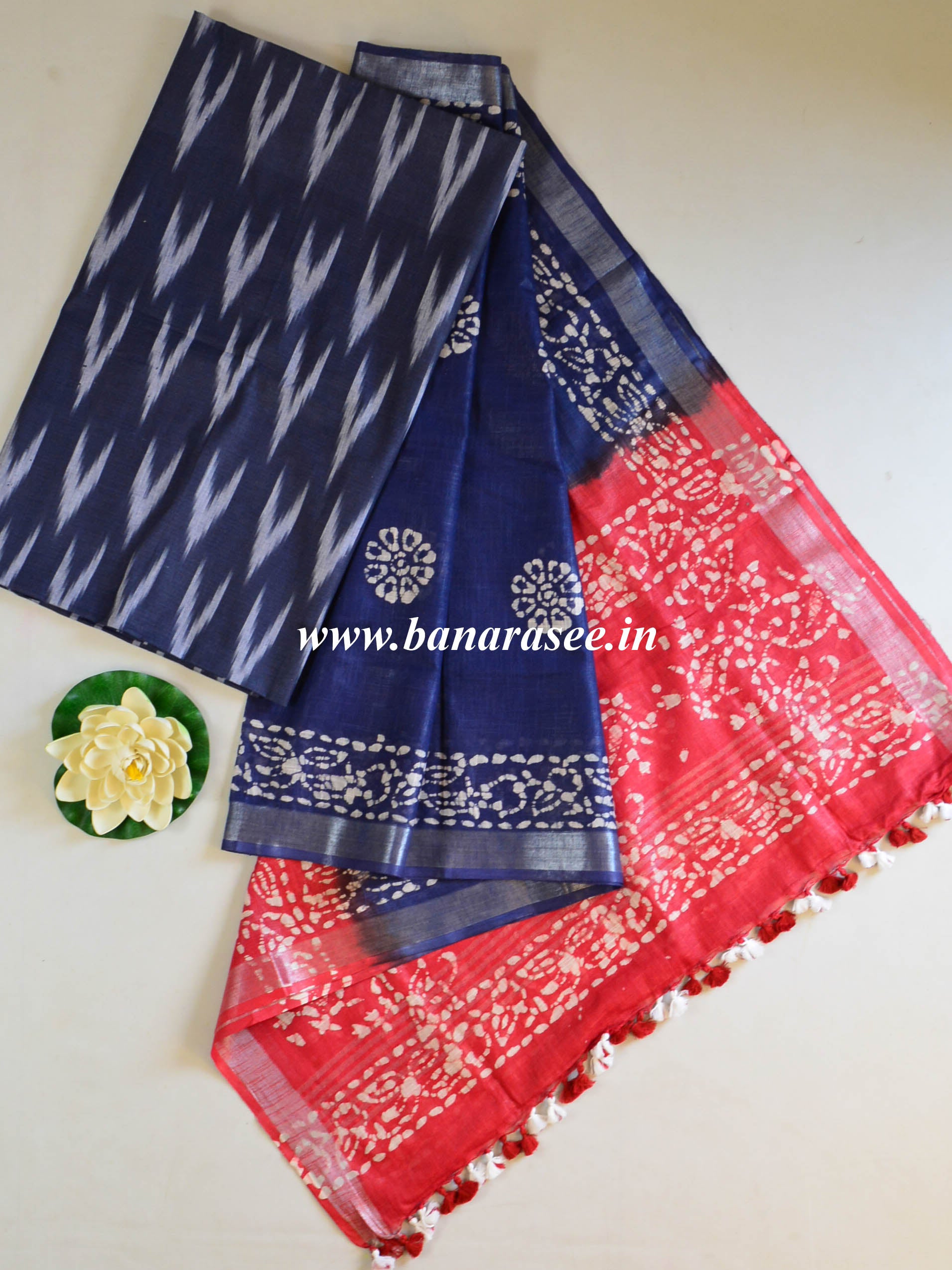 Bhagalpuri Pure Ikkat Kameez With Linen Cotton Batik Dupatta-Blue & Red
