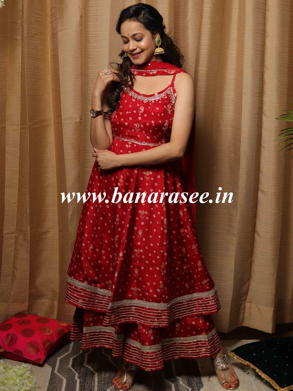 Banarasee Bandhani Printed Panelled Gotta Patti Kurta With Sharara & Dupatta-Red