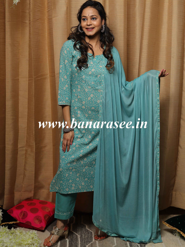 Banarasee Cotton Kurta Pants With Chiffon Dupatta Suit Set-Blue