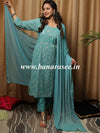 Banarasee Cotton Kurta Pants With Chiffon Dupatta Suit Set-Blue