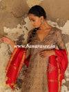Banarasee Brocade Salwar Kameez Fabric With Hand-Embroidered Silk Dupatta-Gold & Red