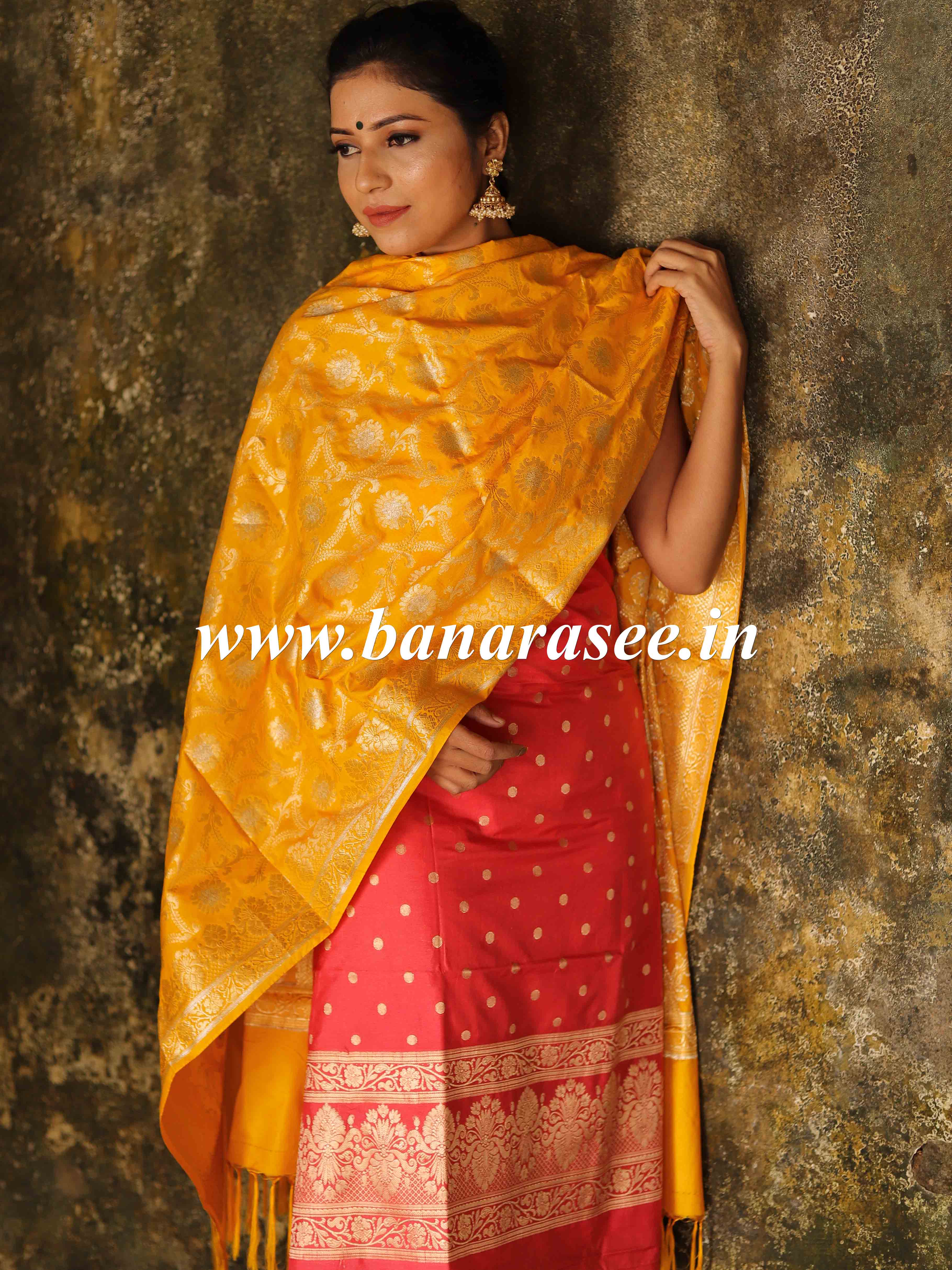 Banarasee Semi Katan Salwar Kameez Dupatta Set With Sona Rupa Zari Work-Peach & Yellow