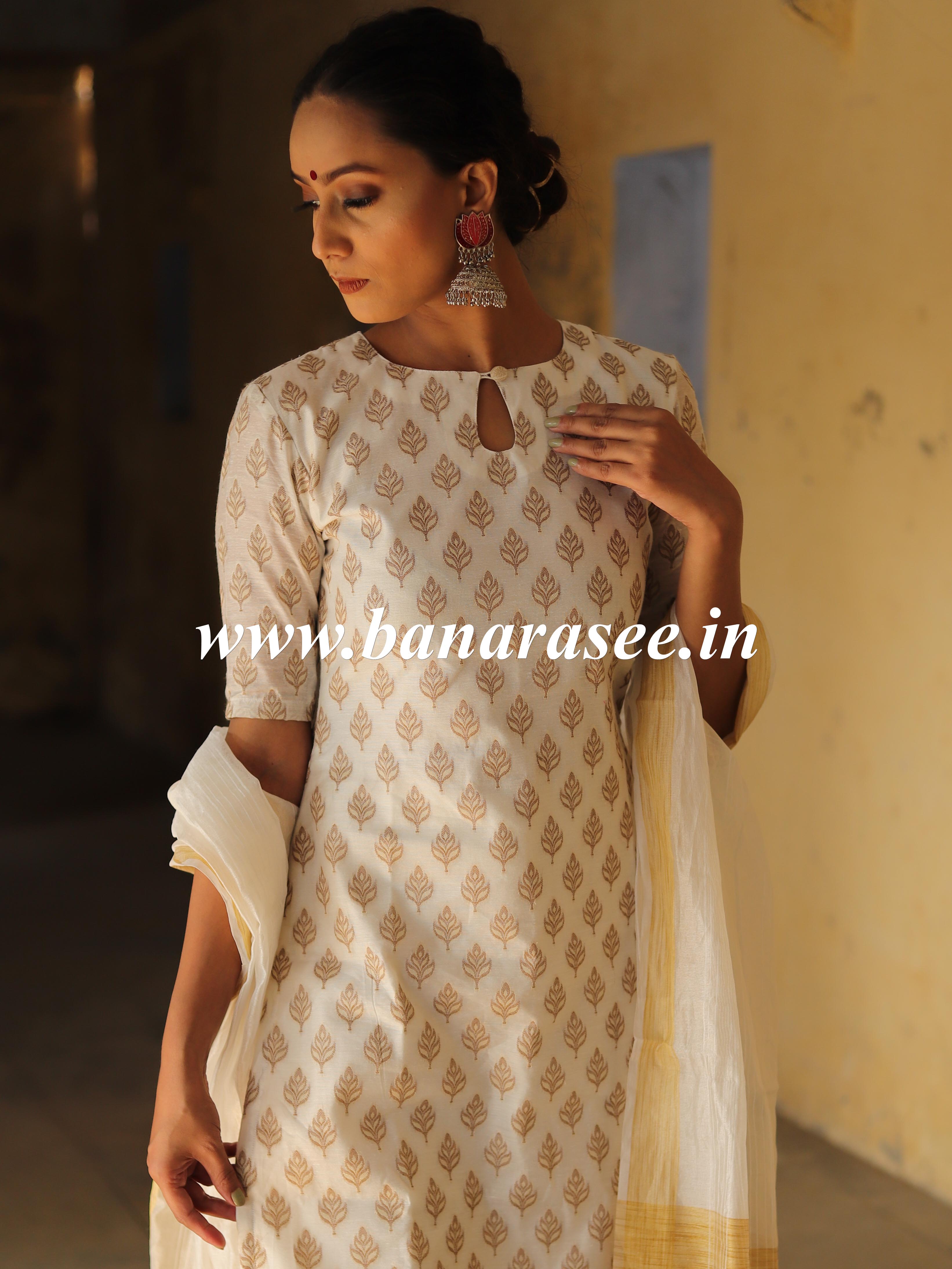 Banarasee Cotton Silk Salwar Kameez Ghichha Buti Fabric & Dupatta-White