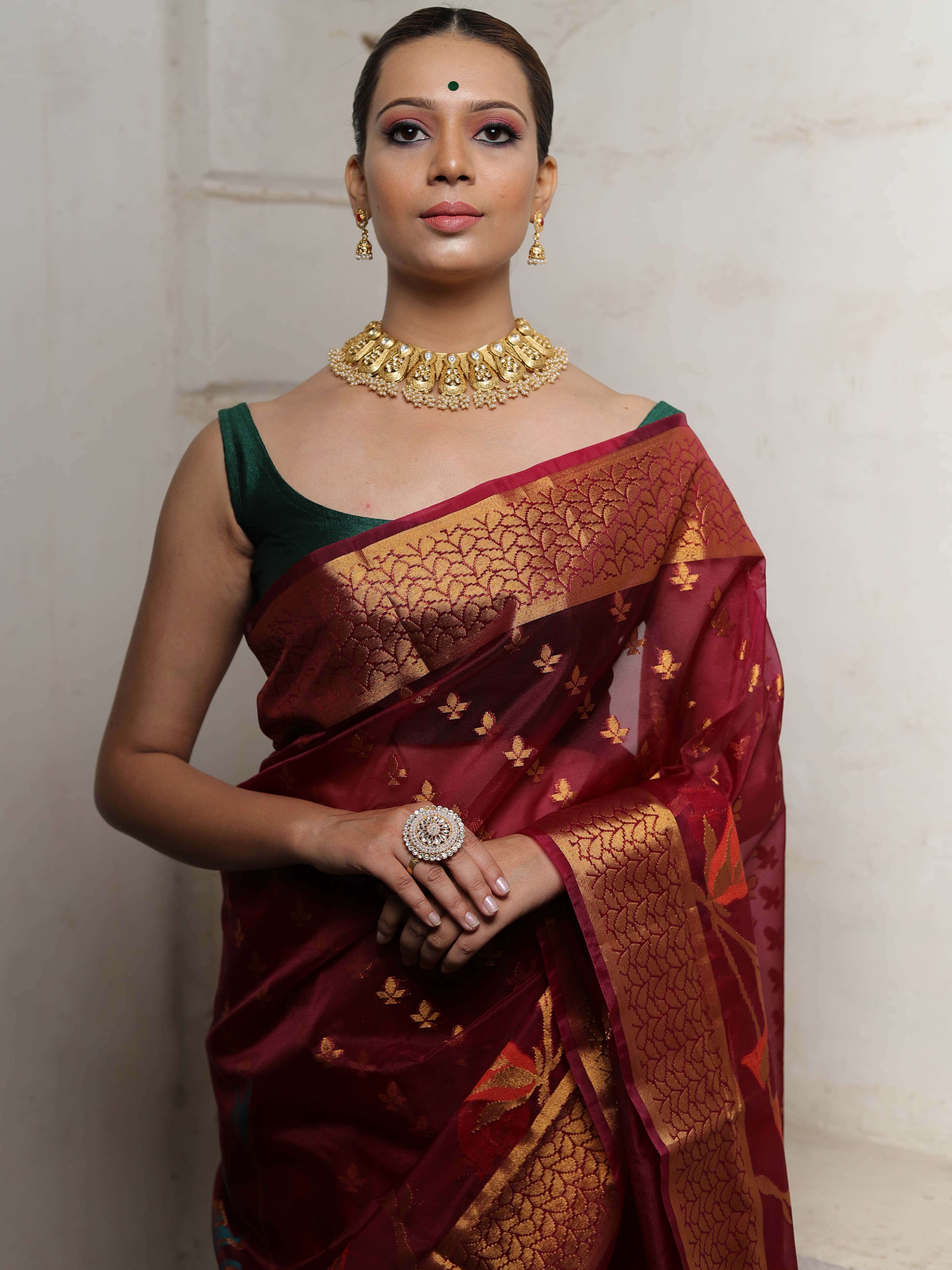 Banarasee Handwoven Zari Border Tissue Saree With Jaal Design-Maroon