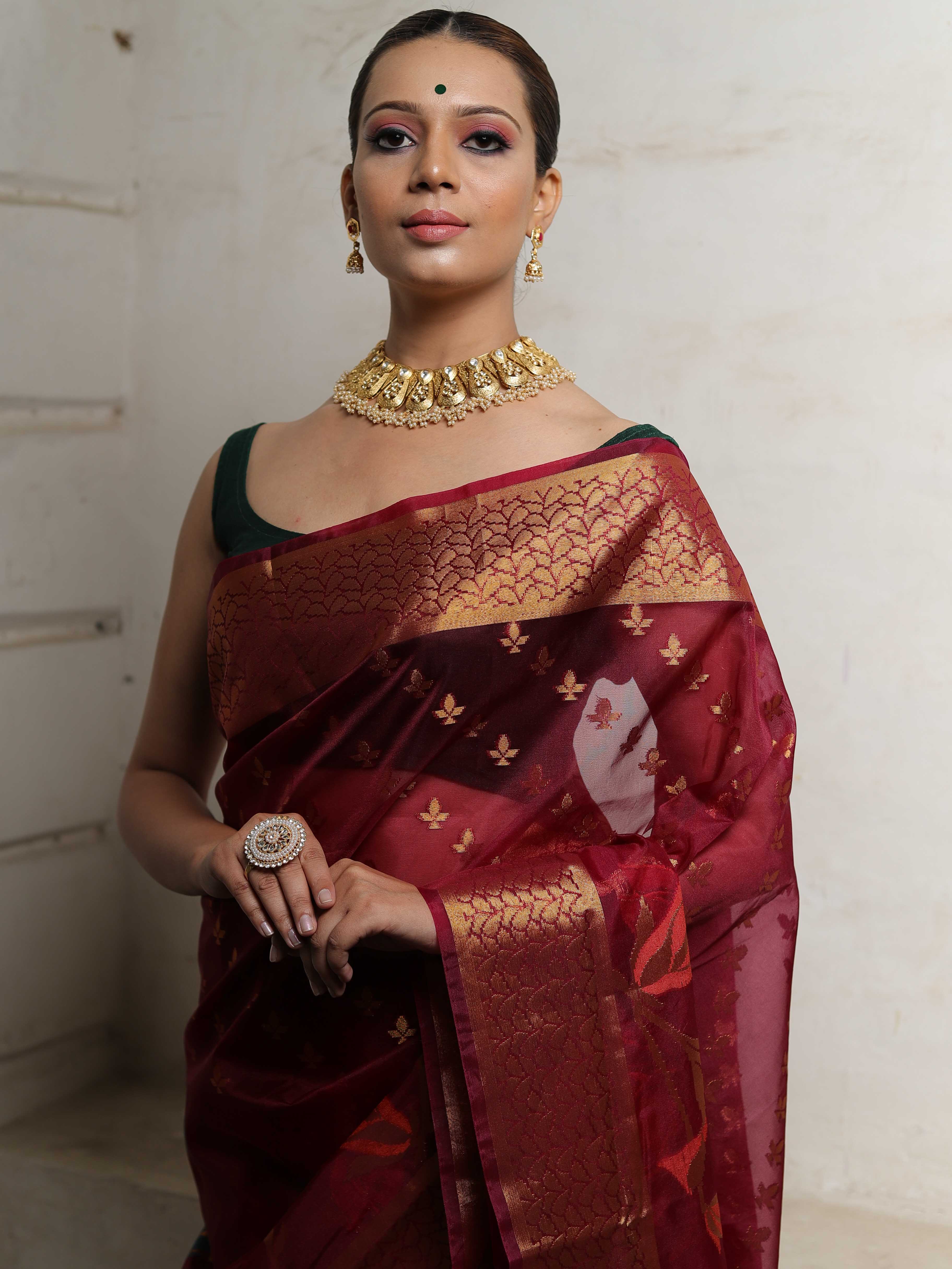 Banarasee Handwoven Zari Border Tissue Saree With Jaal Design-Maroon