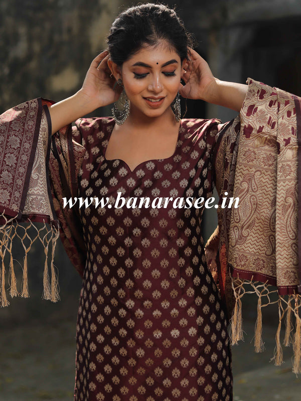 Banarasee Salwar Kameez Cotton Silk Resham Buti Woven Fabric-Wine