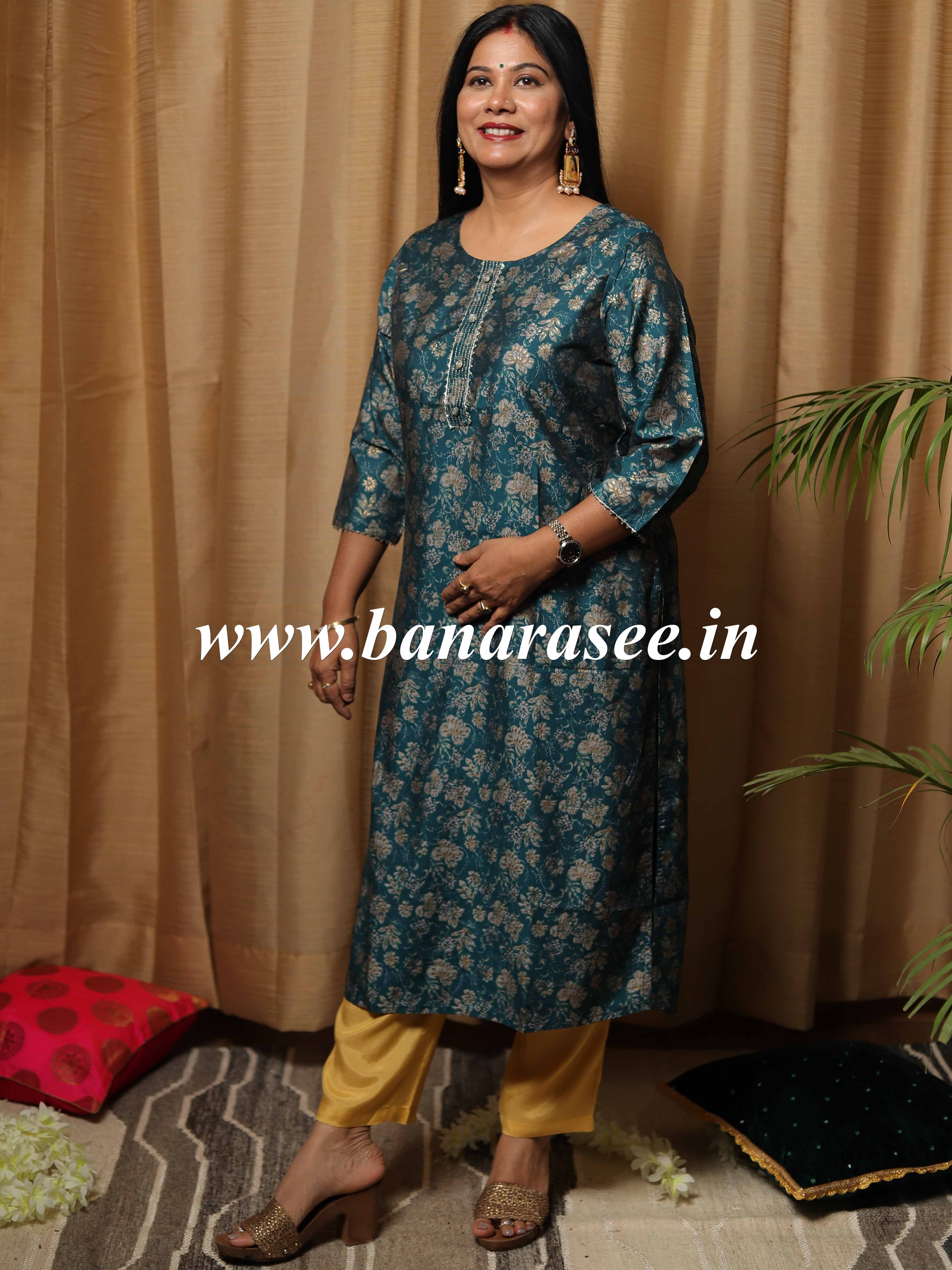 Banarasee Muslin Silk Printed Kurta-Rama Green
