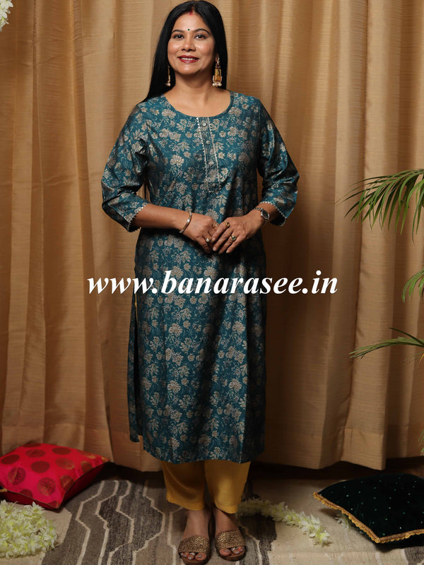 Banarasee Muslin Silk Printed Kurta-Rama Green