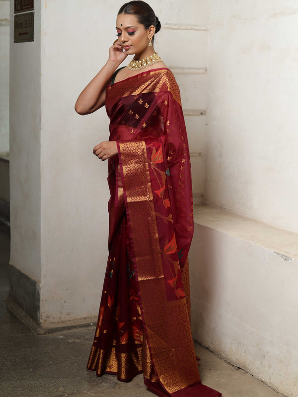 Banarasee Handwoven Zari Border Tissue Saree With Jaal Design-Maroon