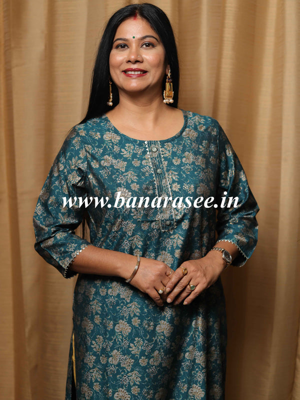 Banarasee Muslin Silk Printed Kurta-Rama Green