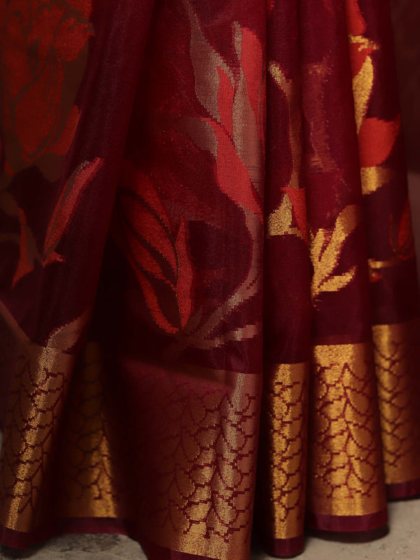 Banarasee Handwoven Zari Border Tissue Saree With Jaal Design-Maroon