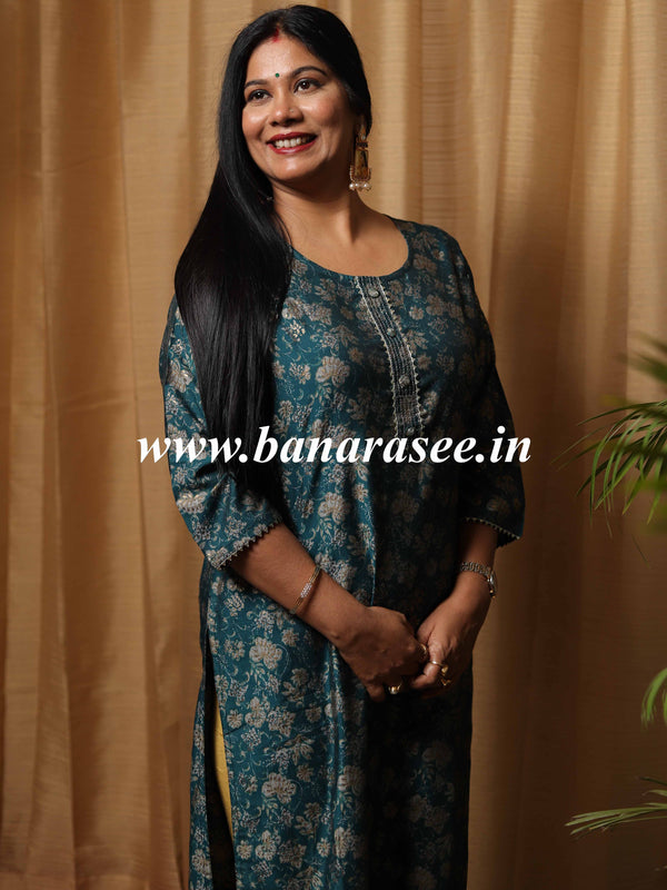 Banarasee Muslin Silk Printed Kurta-Rama Green