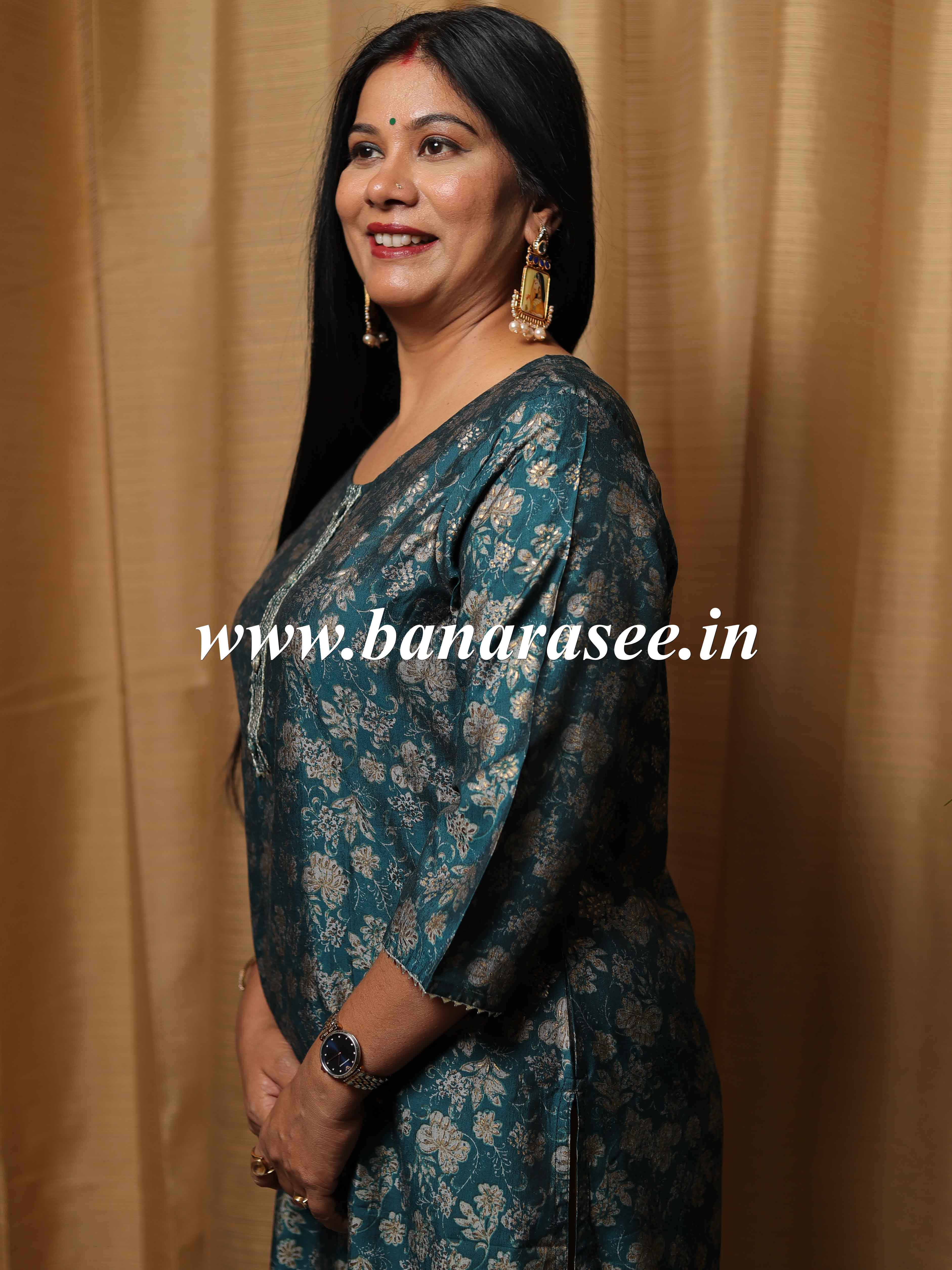Banarasee Muslin Silk Printed Kurta-Rama Green