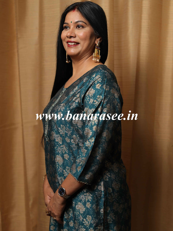 Banarasee Muslin Silk Printed Kurta-Rama Green
