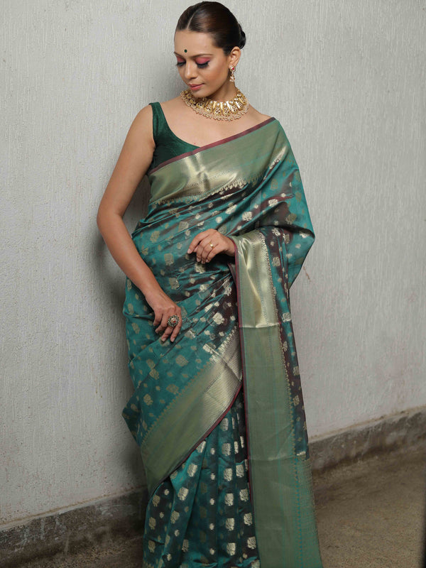 Banarasee Cotton Silk Zari Border & Buta Saree-Green