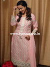 Banarasee Cotton Kurta Pants With Chiffon Dupatta Suit Set-Pink & White