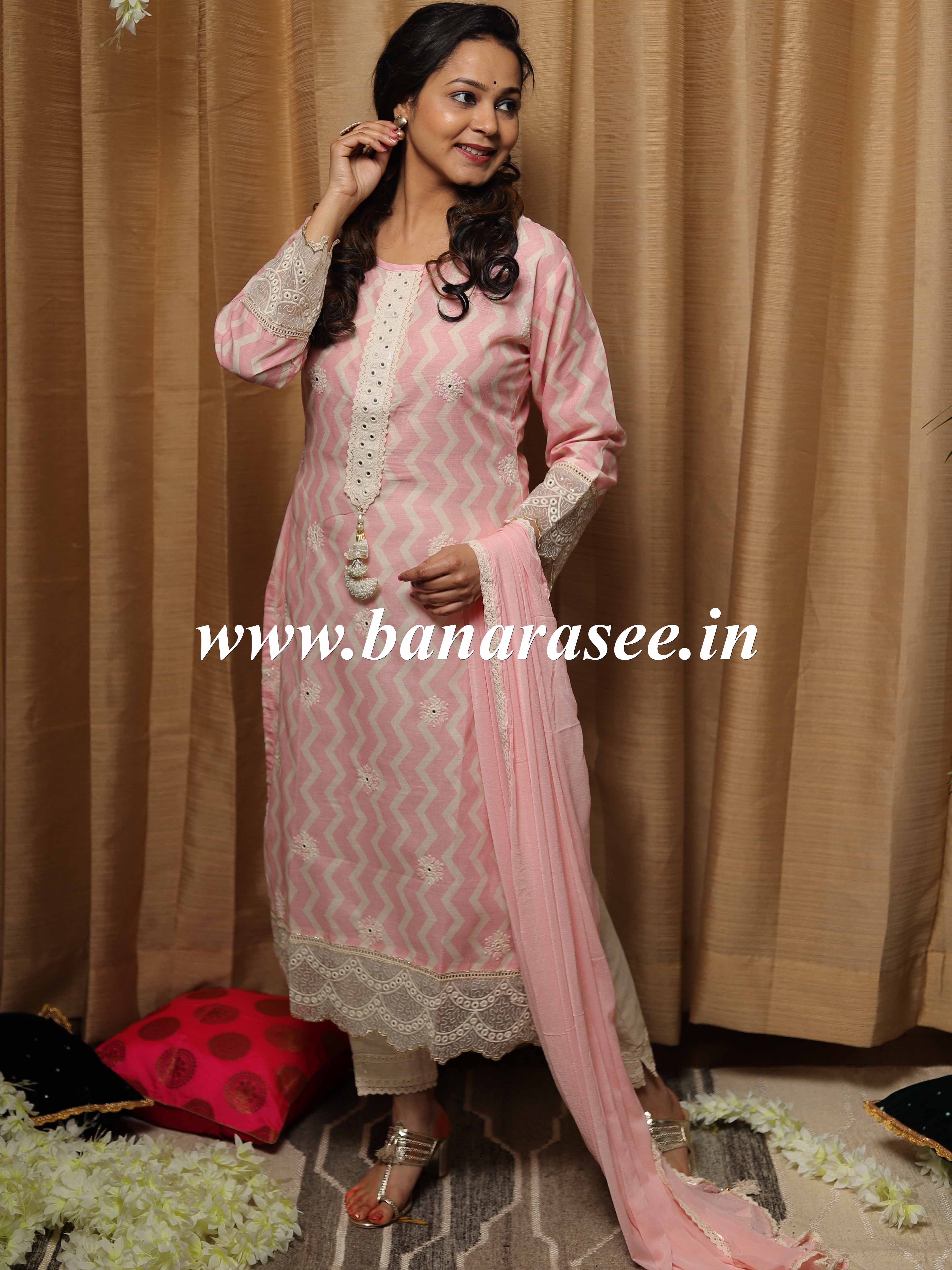 Banarasee Cotton Kurta Pants With Chiffon Dupatta Suit Set-Pink & White