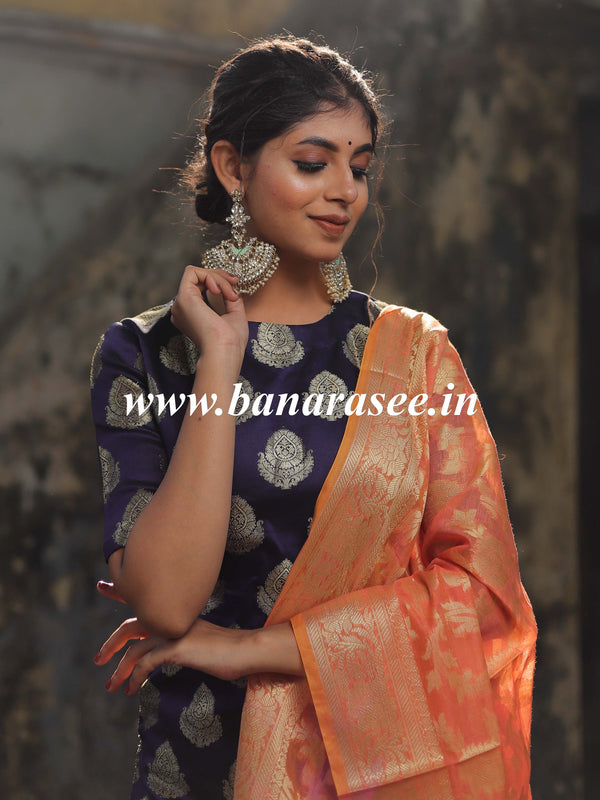 Banarasee Art Silk Buti Design Salwar Kameez Fabric With Contrast Dupatta-Blue & Peach