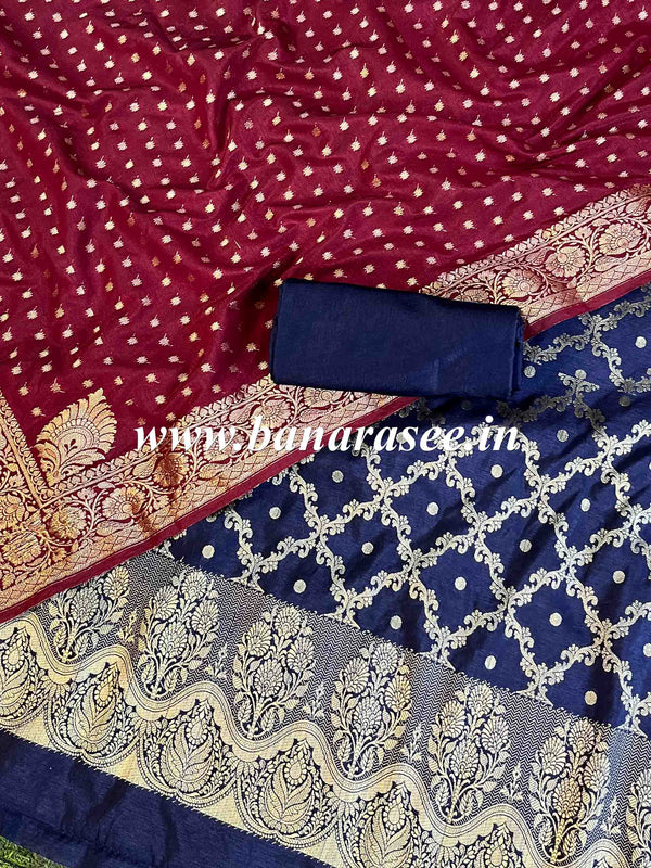 Banarasee Handwoven Semi-Silk Salwar Kameez Fabric With Zari Weaving Design-Maroon & Blue