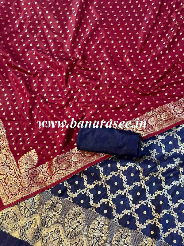 Banarasee Handwoven Semi-Silk Salwar Kameez Fabric With Zari Weaving Design-Maroon & Blue