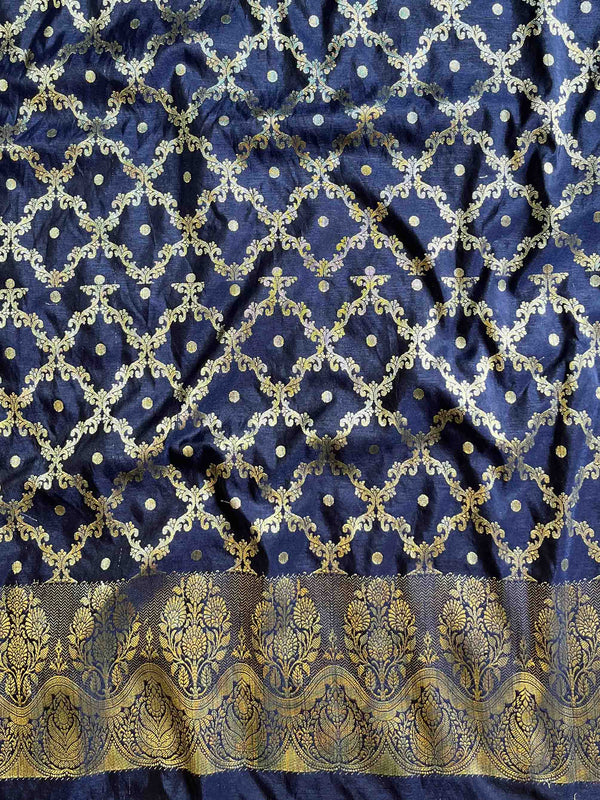 Banarasee Handwoven Semi-Silk Salwar Kameez Fabric With Zari Weaving Design-Maroon & Blue