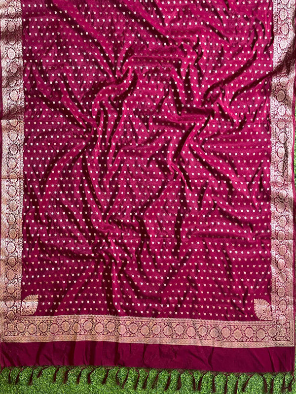 Banarasee Handwoven Semi-Silk Salwar Kameez Fabric With Zari Weaving Design-Maroon & Blue