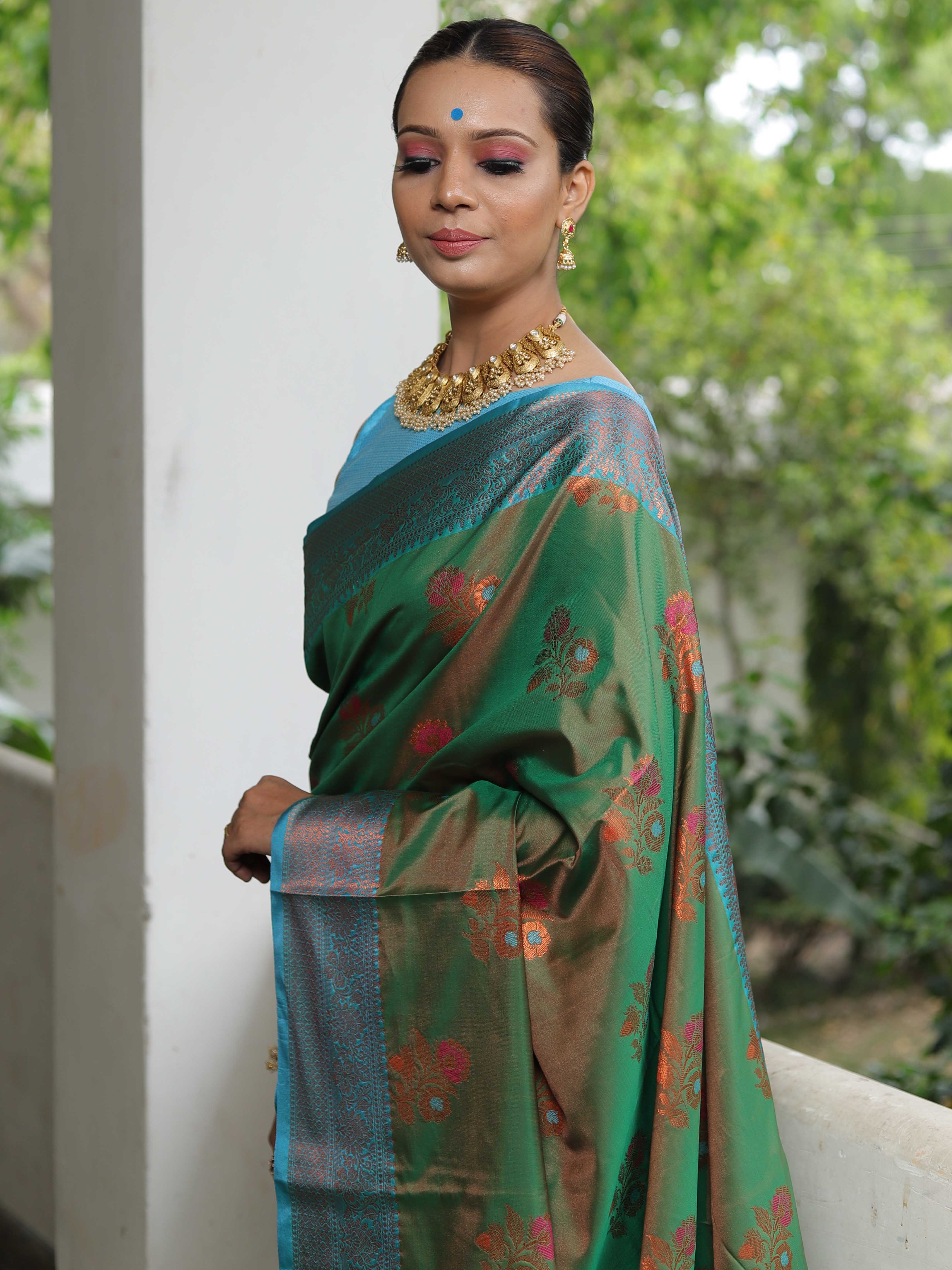 Banarasee Handwoven Semi Silk Saree With Contrast Border & Floral Buta-Green & Blue