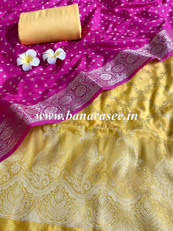 Banarasee Handwoven Semi-Silk Salwar Kameez Fabric With Zari Weaving Design-Yellow & Pink