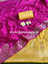 Banarasee Handwoven Semi-Silk Salwar Kameez Fabric With Zari Weaving Design-Yellow & Pink