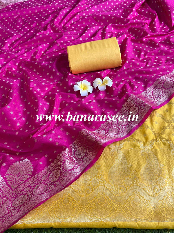 Banarasee Handwoven Semi-Silk Salwar Kameez Fabric With Zari Weaving Design-Yellow & Pink