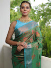 Banarasee Handwoven Semi Silk Saree With Contrast Border & Floral Buta-Green & Blue