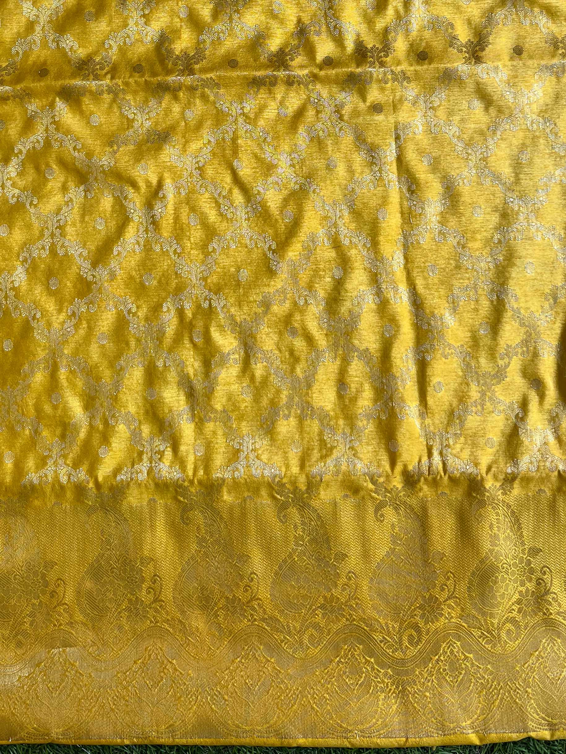 Banarasee Handwoven Semi-Silk Salwar Kameez Fabric With Zari Weaving Design-Yellow & Pink