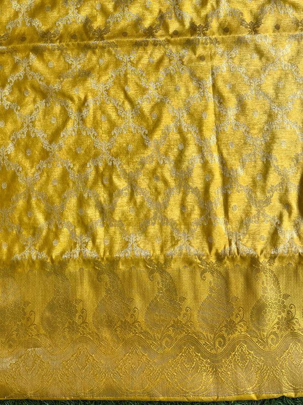 Banarasee Handwoven Semi-Silk Salwar Kameez Fabric With Zari Weaving Design-Yellow & Pink