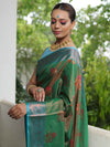 Banarasee Handwoven Semi Silk Saree With Contrast Border & Floral Buta-Green & Blue