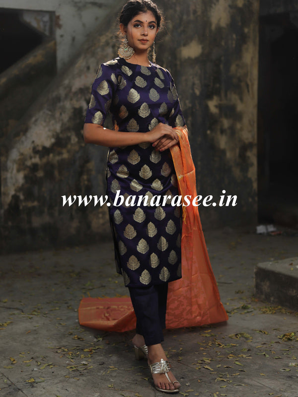 Banarasee Art Silk Buti Design Salwar Kameez Fabric With Contrast Dupatta-Blue & Peach