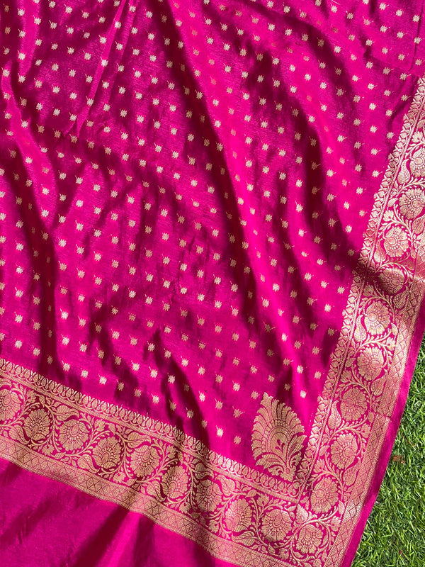 Banarasee Handwoven Semi-Silk Salwar Kameez Fabric With Zari Weaving Design-Yellow & Pink
