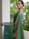 Banarasee Handwoven Semi Silk Saree With Contrast Border & Floral Buta-Green & Blue