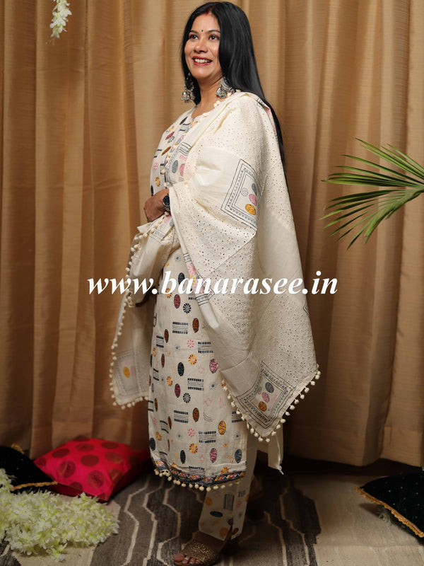 Banarasee Cotton Kurta Pants With Dupatta Suit Set-White