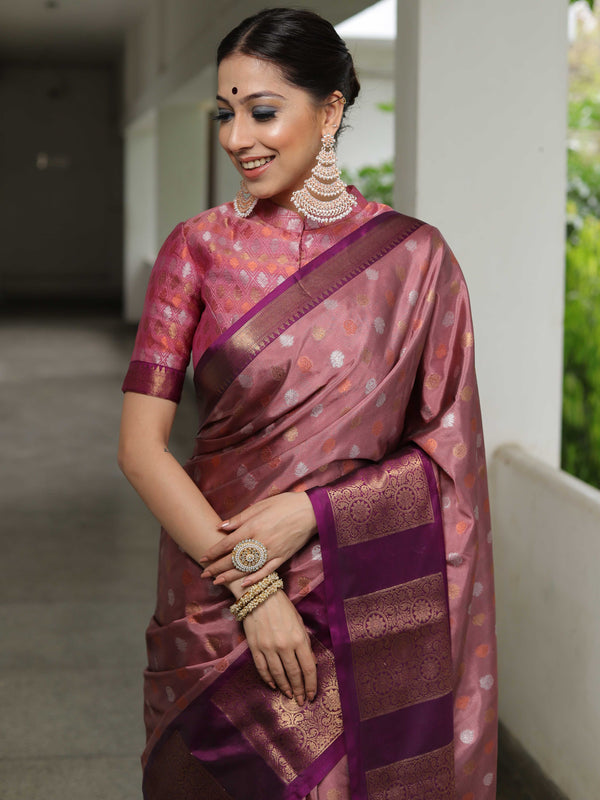 Banarasee Handwoven Soft Semi Silk Saree With Contrast Border Design-Fawn