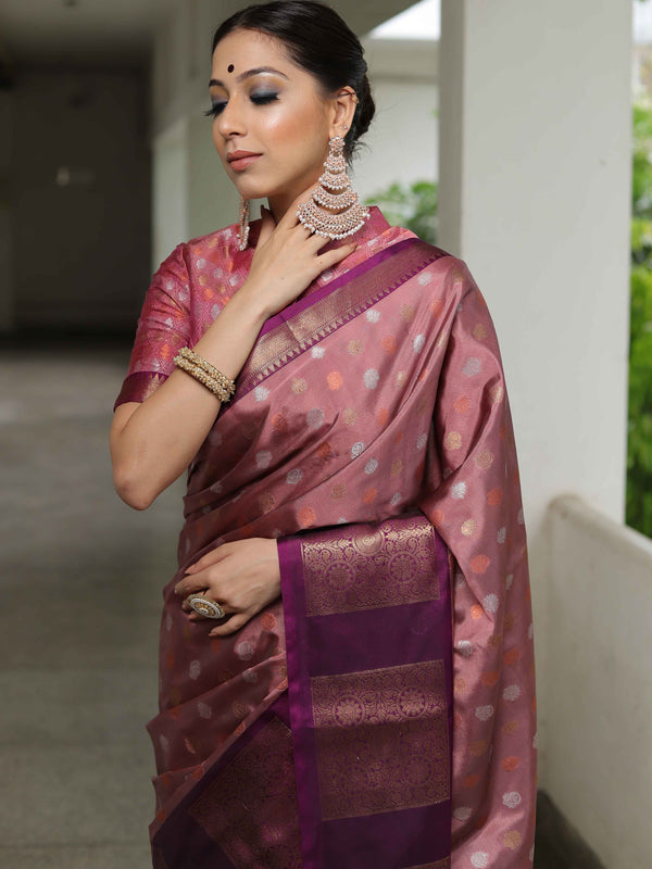 Banarasee Handwoven Soft Semi Silk Saree With Contrast Border Design-Fawn