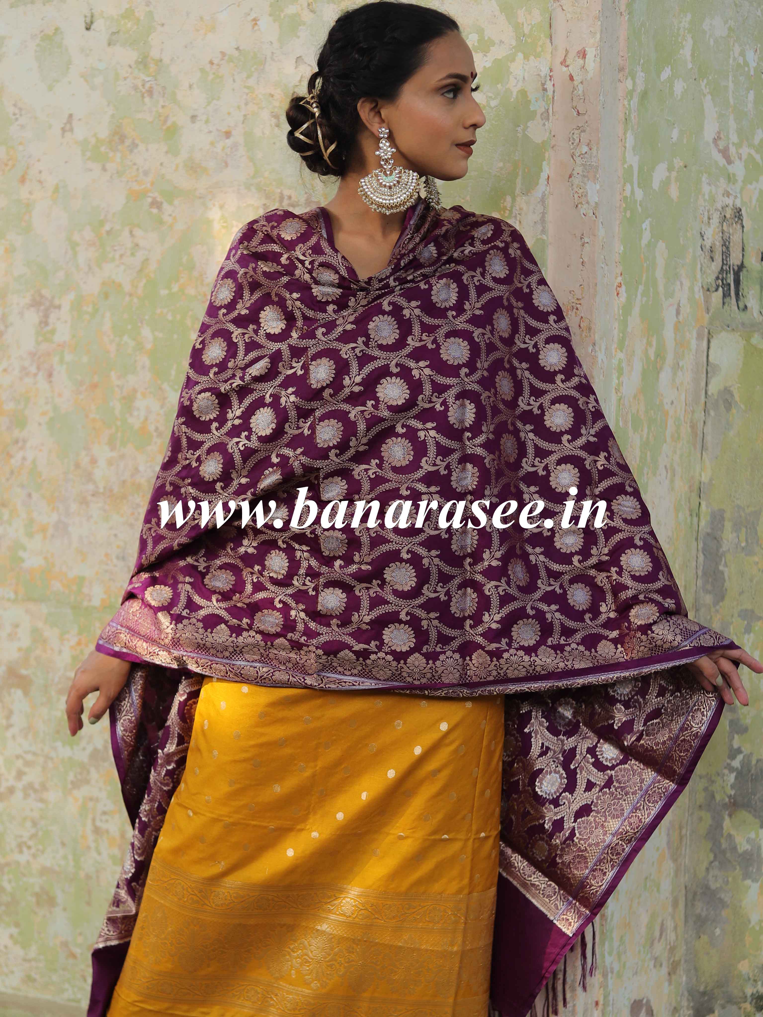Banarasee Semi Katan Salwar Kameez Dupatta Set With Sona Rupa Zari Work-Yellow & Violet