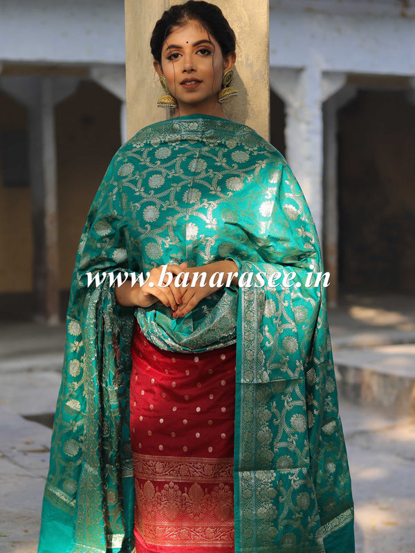 Banarasee Semi Katan Salwar Kameez Dupatta Set With Sona Rupa Zari Work-Red (Rust) & Green