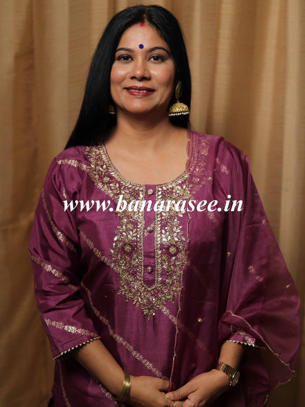 Banarasee Semi Silk Kurta Pants With Organza Dupatta Suit Set-Purple