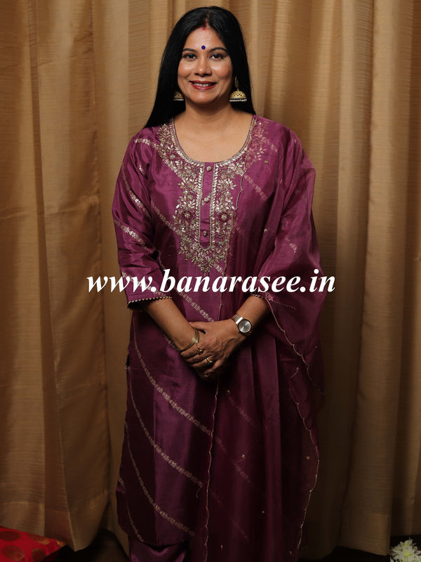 Banarasee Semi Silk Kurta Pants With Organza Dupatta Suit Set-Purple